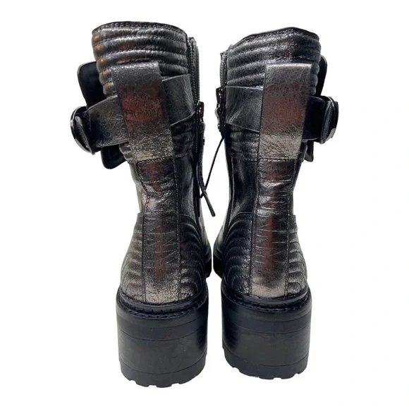 DKNY Women's Gunmetal Leather Buckled Quilted Block-Heel Combat Boots Size 6 NWT